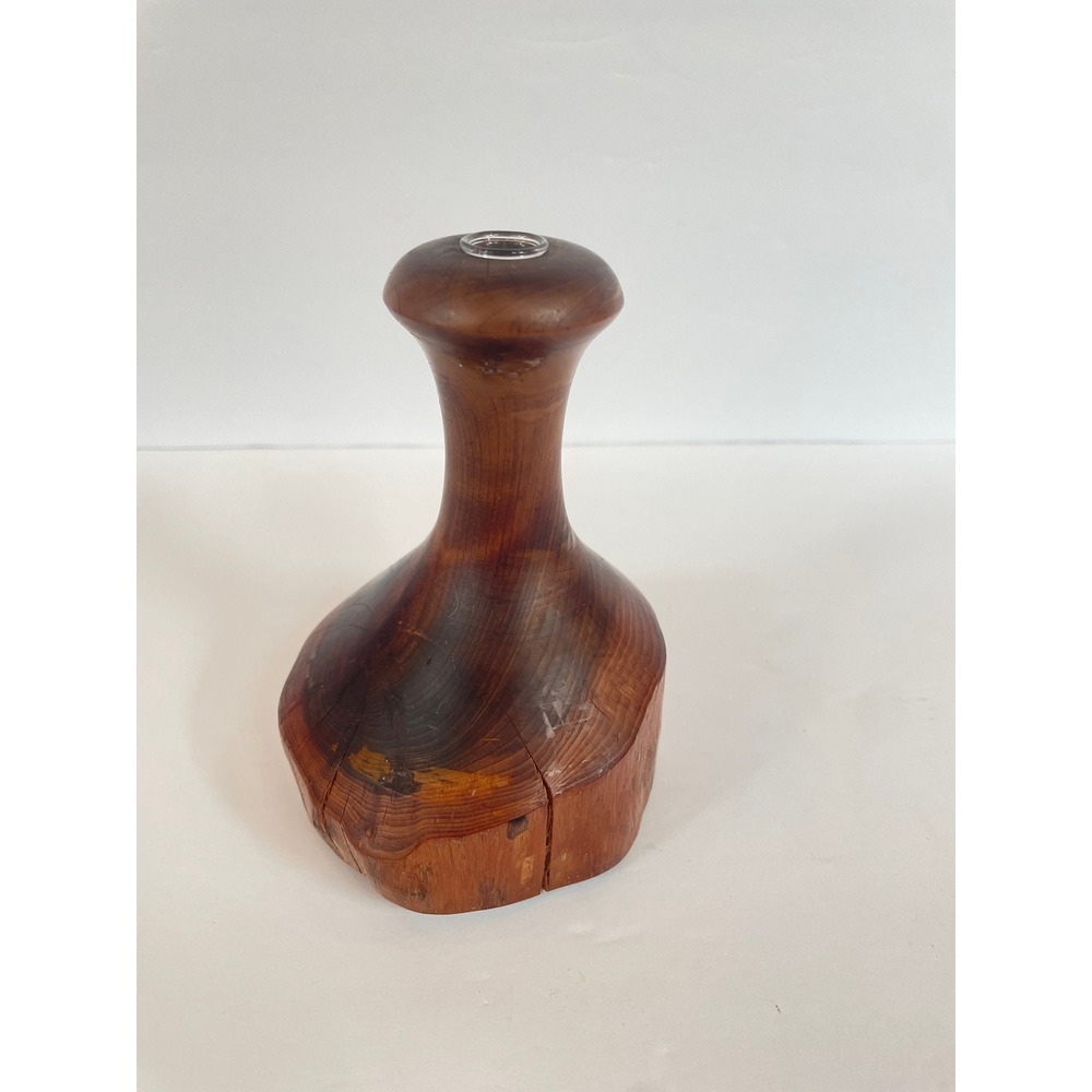 Vintage Hand Turned Wood Bud Vase Live Edge Rustic Decor with Glass Insert 5in